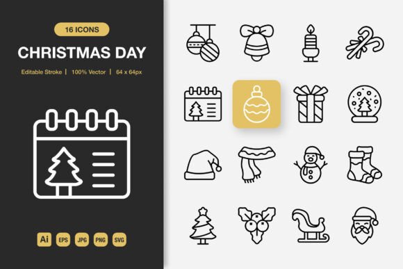 Christmas Day Outline Icons: A Minimalist Graphic Design Asset for Holiday Branding