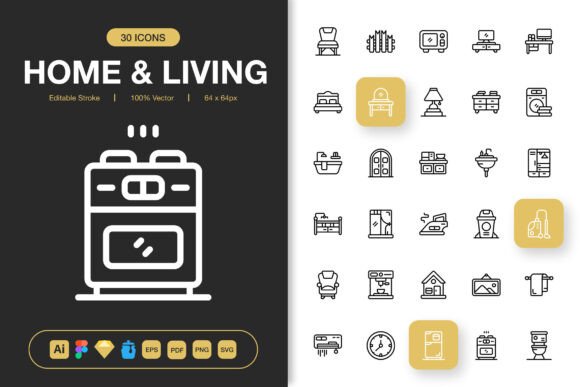 Home and Living Icons: A Minimalist Graphic Design Asset for Modern Projects