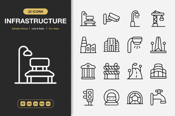 Infrastructure Icons: A Minimalist Graphic Design Asset for Digital Sellers
