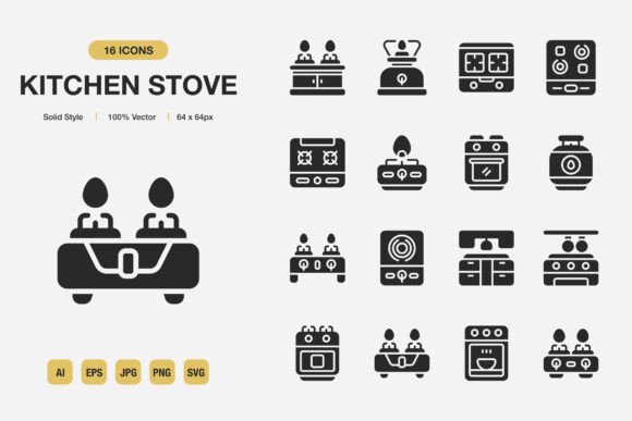 Kitchen Stove Solid Icons for Graphics and Branding