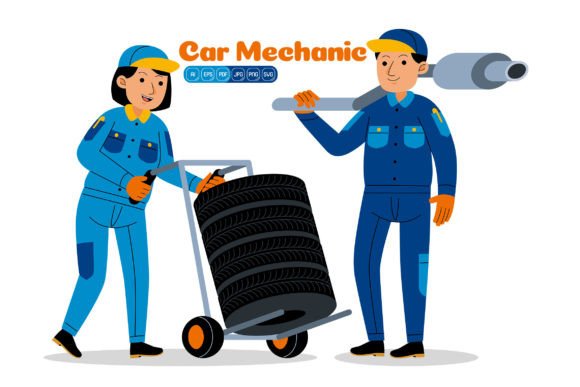 Man and Woman Car Mechanic Profession Graphics