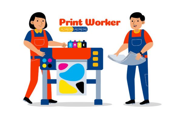 Man and Woman Print Worker Profession Graphics