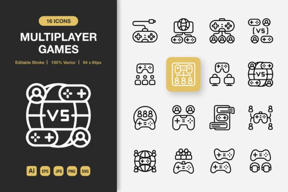 Multiplayer Games Outline Icons: A Modern Graphic Design Asset for Content Creators