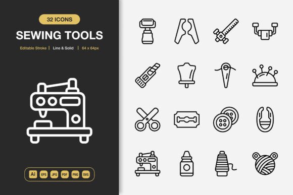 Sewing Tools Icons: A Minimalist Graphic Design Asset for Creative Projects